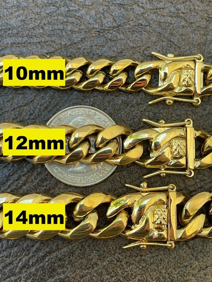 Miami Cuban Link Chain Necklace Bracelet 14k Gold Plated Stainless Steel 4-14mm - Image 4 of 4