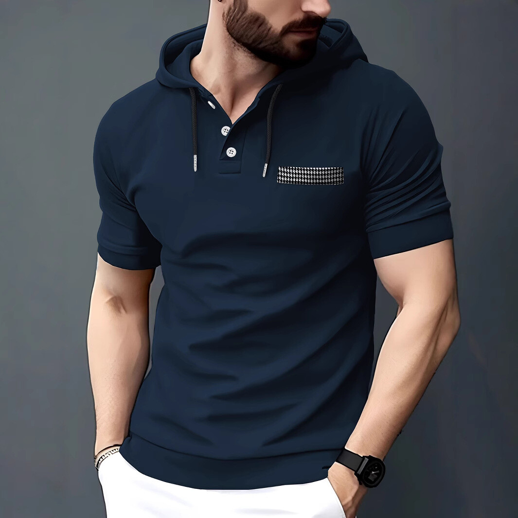 Men's Hooded Short Sleeve Fashion POLO Shirt Classic Casual Baggy