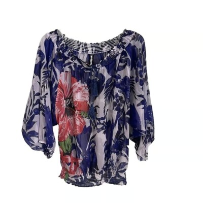 Desigual Blue Floral Sheer Julieta Tie Front Peasant Blouse Size Small
