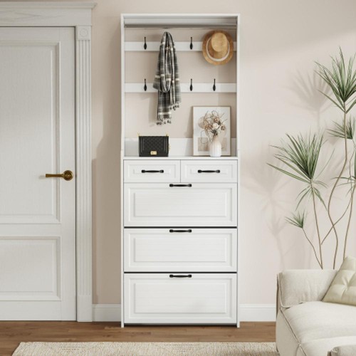 Shoe Cabinet with 3 Doors 2 Drawers with Hanger, Large Space for Storage, White - Picture 4 of 5