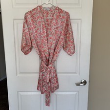 Vassarette Vintage Women s Medium Pink Green Satin Floral Kimono Robe