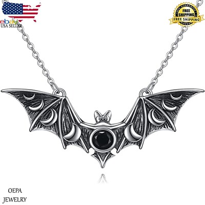 925 Sterling Silver Bat Necklace Moon Phase Gothic Necklace Women Men  Jewelry