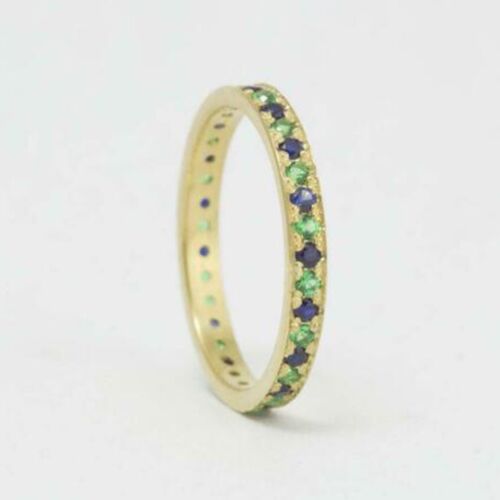 0.75 KT Finto Zaffiro Smeraldo Intera Eternity Fede Nuziale Argento Placcato Oro - Foto 1 di 1