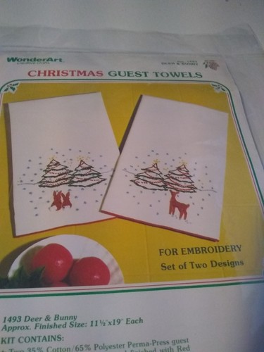 Wonderart Christmas Guest Towels No. 1493 Deer & Bunny Embroidery Set Vintage - Picture 2 of 4