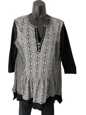 Multiples Top Womens M Black White Split Neck Popover Cotton Blouse Hi Low Hem