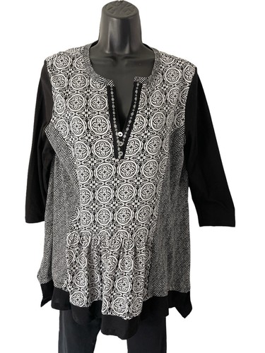 Multiples Top Damen M schwarz weiß Schlitz Ausschnitt Popover Baumwolle Bluse hoher niedriger Saum