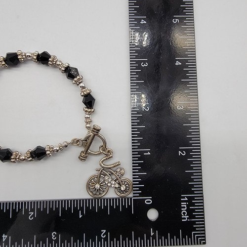Bicycle Charm Beaded Bracelet Black Bicone Beads Silver Tone Simple Boho 7.25" * - Picture 4 of 11