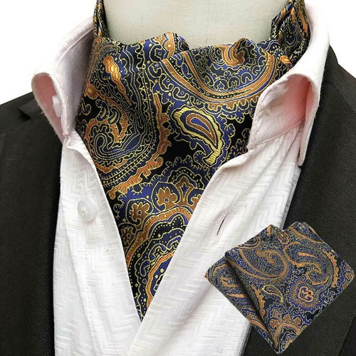 Men Floral Paisley Check Pattern Cravat Ascot Tie Scarf Pocket Square Hanky Set - Picture 12 of 21