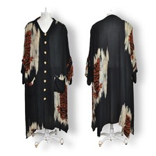 Plus Size Kaftan Duster Dress Indonesia With Tribal Print OSFA Boho Black Rayon