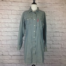 Calvin Klein Denim Shirt Dress Women Junior 11 Gray Jean Pockets Snap Down 