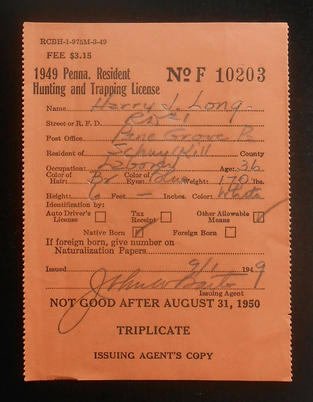 1949 Resident Hunting and Trapping License Harry J. Long Laborer Pine Grove PA eBay