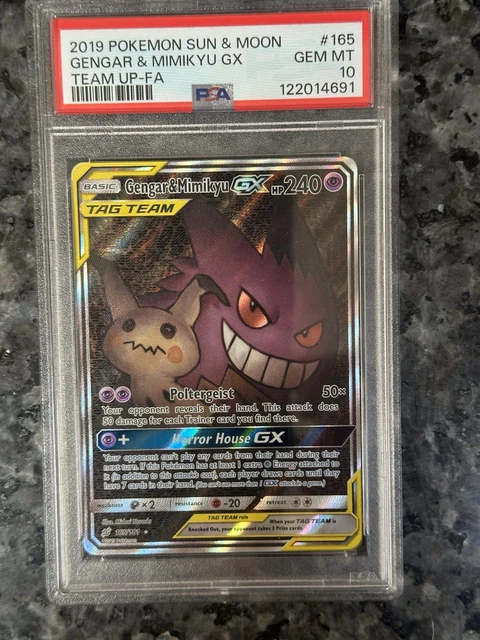 2019 POKEMON SUN & MOON TEAM UP #165 FULL ART/GENGAR & MIMIKYU GX PSA 10