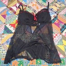 Fredericks of Hollywood Babydoll Size 36D Black Sheer Mesh Red Bow Trim Boudoir