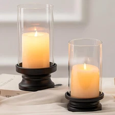 Hurricane Glass Candle Holder: Set of 2 Black Pillar Candle Holders with Glass C