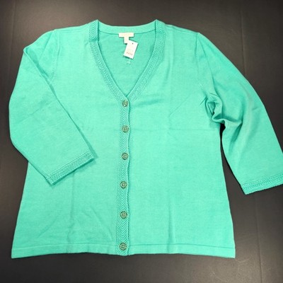 TALBOTS PETITES Sz PM Green 3/4 Sleeve V-Neck Lightweight Cardigan Sweater NWT