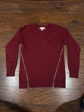 MICHAEL Michael Kors Burgundy V-neck Sweater With Side Gold Zippers Size S