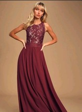 Lulu's Size M Sleeveless Lace Maxi Long Chiffon Dress Lined Burgundy