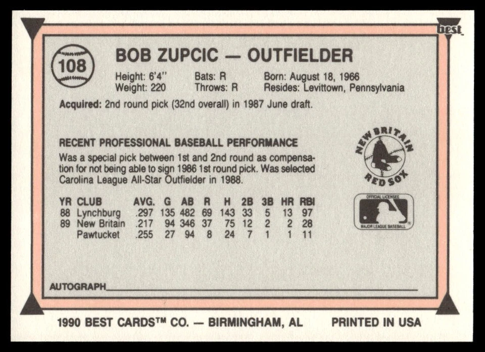 1990 Best Minor League #108 Bob Zupcic - Image 2 of 2