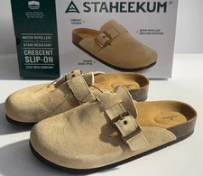Staheekum Women's Crescent Slip-on Buckle Clogs Shoes color Tan, new pick size