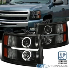 Fits 2007-2014 Chevy Silverado Pickup Black Smoke LED Halo Projector Headlights
