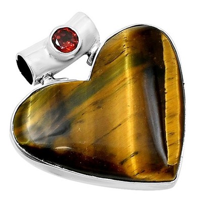 Premium Herz Tigerauge & Granat 925 Sterling Silber Anhänger Schmuck P-1300