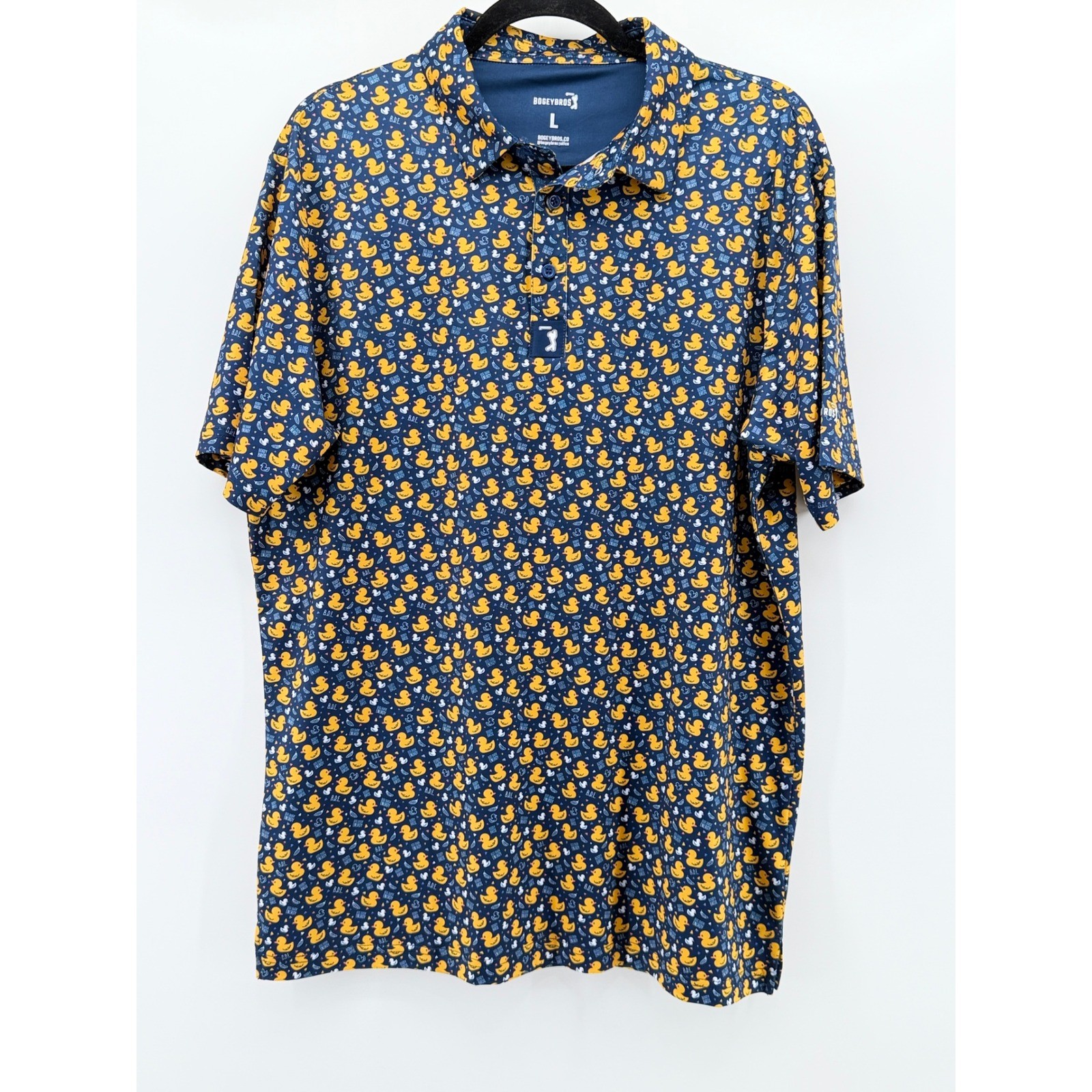 Bogey Bros Mens Big Duck Energy Golf Polo Shirt Blue Yellow Duck Print Large