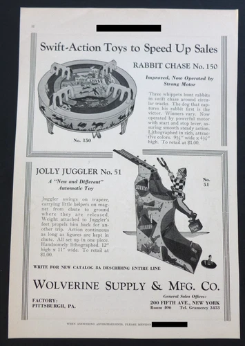 Vtg RARE 1930 DEALER Ad - Wolverine Supply Tin Litho Jolly Juggler Rabbit Chase