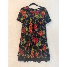 Liz Claiborne Floral Shift Dress Womens 14 Black Rayon Short Sleeve Tiered Hem