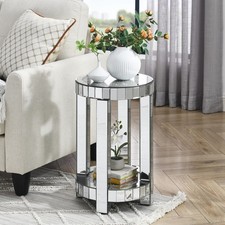 Mirrored Round End Table w/ Crystal Inlay, 2-Tier Coffee Table Silver