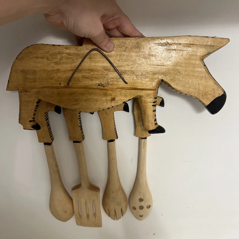 Soporte de utensilios de pared de madera primitivo hecho a mano cebra arte popular pintado a mano Foto 2 de 4