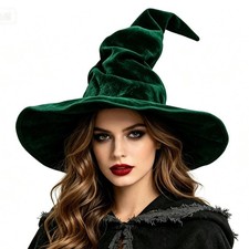 Black Witch Hat Adult, Ruched Witches Hat for Women Velvet Wizard Hats for Ha...