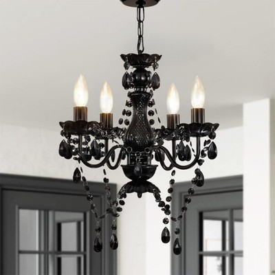 Small Crystal Chandelier Ceiling Lights Black 4-Light Fixture For Bedroom