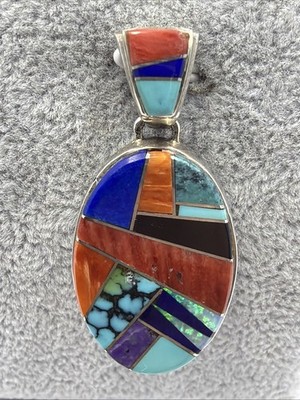Calvin Begay Navajo Reversible Sterling 925 Multi-Stone Inlay Mosaic Lg Pendant