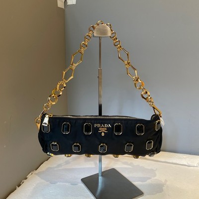 Prada Vintage Black Nylon Jeweled Barrel Shoulder Bag with Gold-Tone Chain Strap