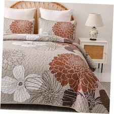 Quilt Sets Floral Pattern Quilt Bedding Set, 3 Pieces Botanical King Brown