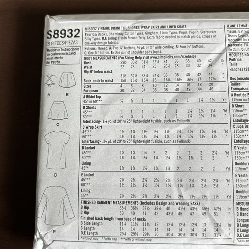 Simplicity Pattern S8932 Misses Bikini Top,shorts,wrap skirt,linedcoat Sz12-20 - Picture 2 of 3