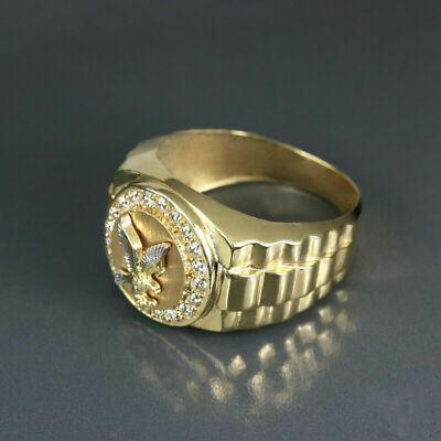 Round Cut Real Moissanite Men's Flying Eagle Ring 14k Yellow Gold Plated Silver