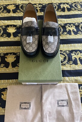 New Auth Gucci Leather Monogram GG Supreme Tassel Loafers