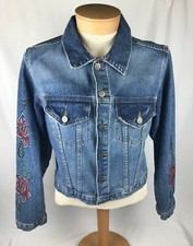Vintage Lei Distressed Floral Rose Painted Sleeve Blue Denim Jacket Junior Med