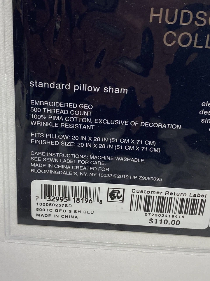 Hudson Park Embroidered Geo 500 TC Standard Sham White / Blue New - Image 4 of 4