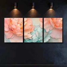 3pcs Summer Peony Petals in Peach & Aqua Wall Art Canvas Framed 50x70cm