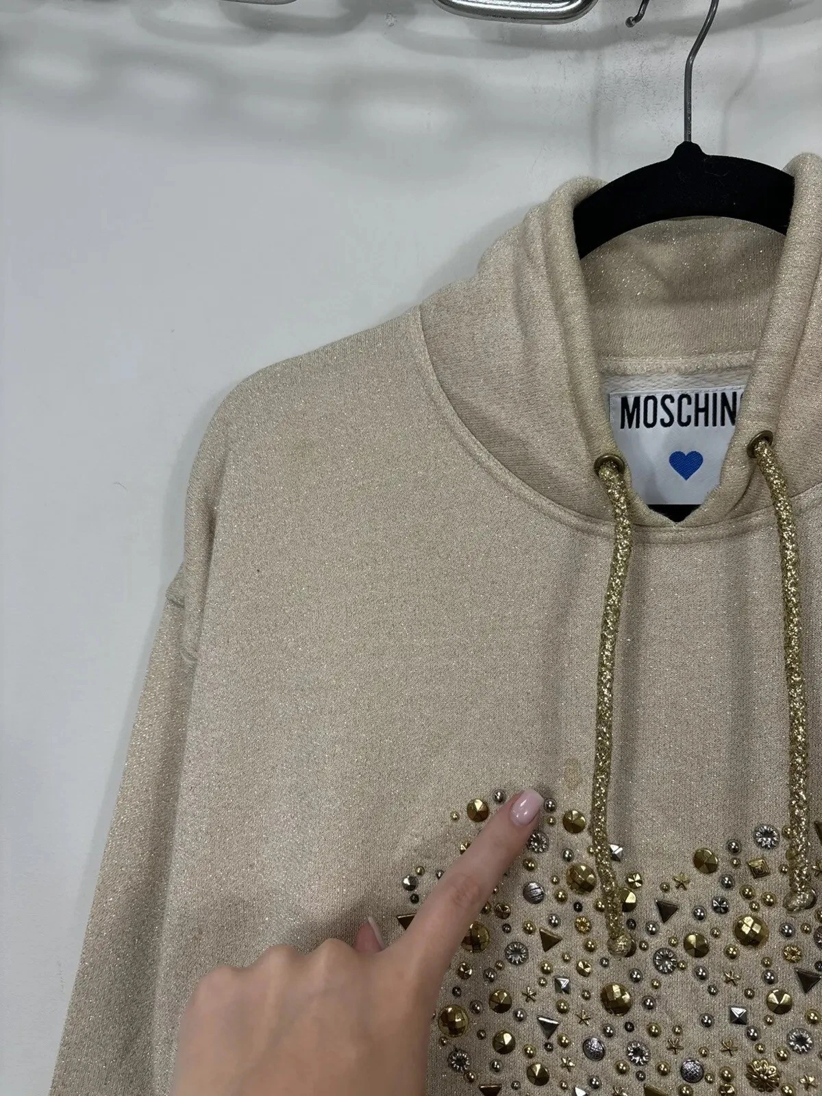 OFF WHITE Felpa con cappuccio donna Moschino vintage cuore strass logo M