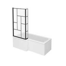 Black Abstract Frame 6mm Screen 1600x850/700mm L-Shaped White Acrylic ShowerBath