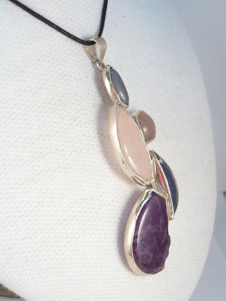 Ciondolo in ARGENTO 925 con PIETRE DURE naturali -Quarzo Ametista Sodalite Agata - Immagine 3 di 4