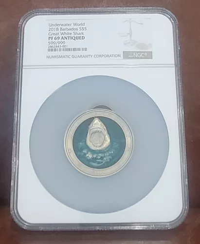 2018 NGC PF 69 BARBADOS 3oz Silver $5 "UNDERWATER WORLD - GREAT WHITE SHARK" #59