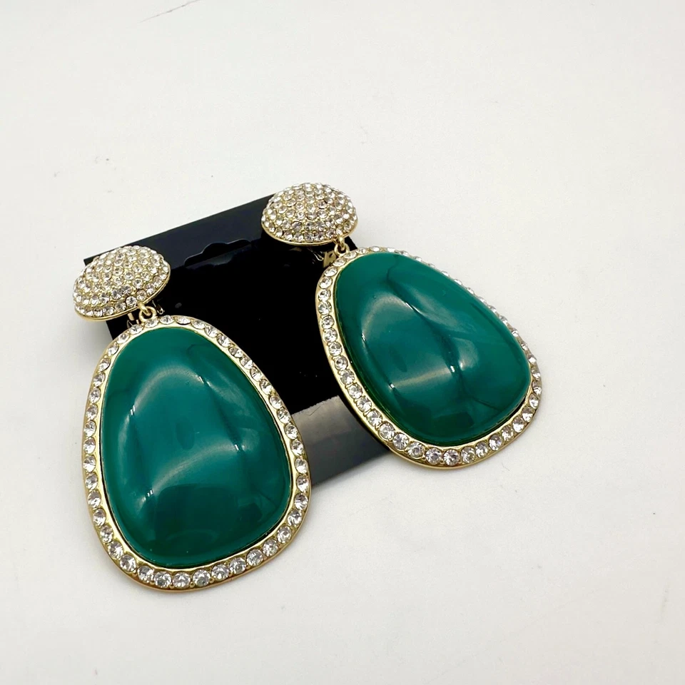 Vtg Brighton Green Glass Earrings Pave Rhinestone Dangle Statement Huge - Image 2 of 4