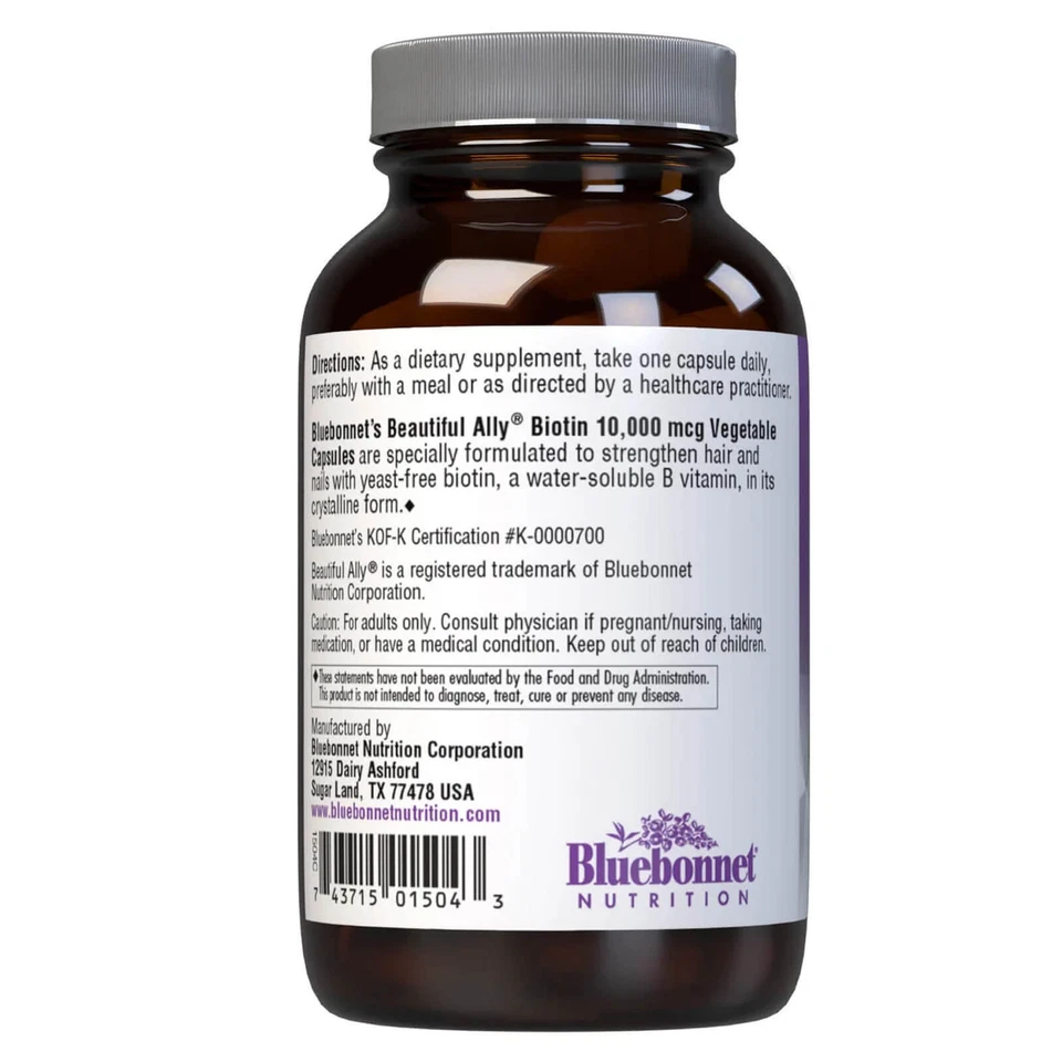 Bluebonnet Ally Biotina 10.000 Mcg 90 Cápsulas Vegetales, Para Cabello y Piel Foto 3 de 4
