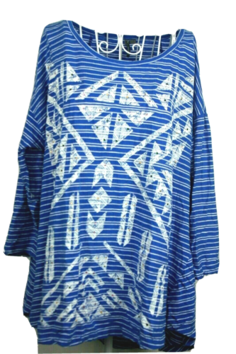 New Direction Womens 1X Shirt Blue White Striped Three Quarter Pullover Knit Top