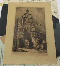 Antique Signed Engraving Etching Rothenburg CLOCK Tower Germany