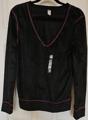 FLIRTITUDE - BLACK V-NECK TOP WITH HOT PINK STITCHING - LARGE